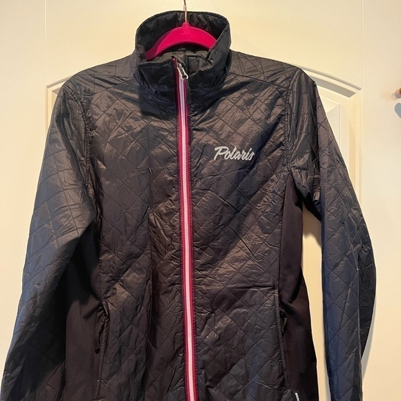 women Polaris soft shell jacket black/hot pink trim. Snowmobile Size medium. - Picture 9 of 10